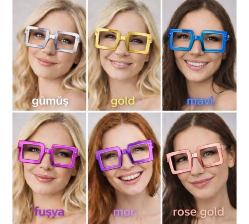 Kare Şekilli Parti Gözlüğü 12 Adet – 6 Renk ( Camsız )