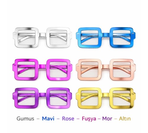 Kare Şekilli Parti Gözlüğü 12 Adet – 6 Renk ( Camsız )