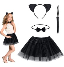 Kedi Eteği Tacı Kuyruğu ve Papyon Seti Siyah Renk Çocuk Boy
