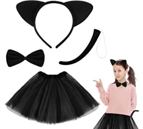 Kedi Eteği Tacı Kuyruğu ve Papyon Seti Siyah Renk Çocuk Boy