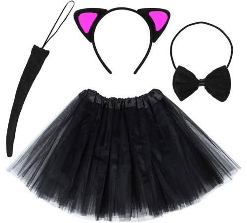 Kedi Kulak Taç Etek Kuyruk ve Papyon 4 lü Set Çocuk Fuşya