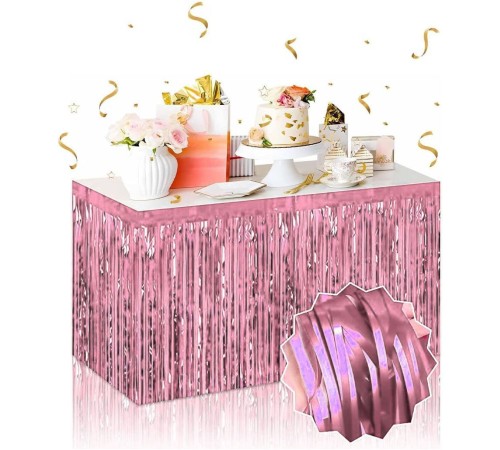 Kendinden Yapışkanlı Rose Gold Metalize Püsküllü Masa Eteği – 75 x 275 cm Parti Süslemesi