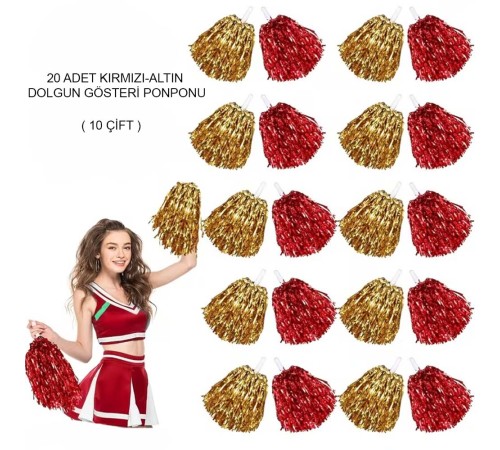 Kırmızı Altın Metalik Dolgun Gösteri Ponponu 20 Adet (10 Çift)