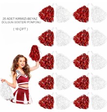 Kırmızı Beyaz Metalik Dolgun Gösteri Ponponu 20 Adet (10 Çift)