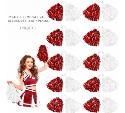 Kırmızı Beyaz Metalik Dolgun Gösteri Ponponu 20 Adet (10 Çift)