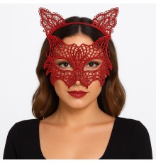 Kırmızı Dantel Kedi Maskesi ve Dantel Taç Seti 8 No – Kadın Kostüm Aksesuarı
