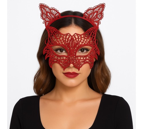 Kırmızı Dantel Kedi Maskesi ve Dantel Taç Seti 8 No – Kadın Kostüm Aksesuarı