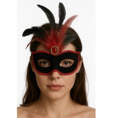 Kırmızı Dantelli Siyah Kırmızı Tüylü Siyah Süet Kaplama Parti Maskesi 17x25 cm