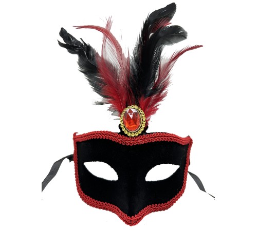 Kırmızı Dantelli Siyah Kırmızı Tüylü Siyah Süet Kaplama Parti Maskesi 17x25 cm