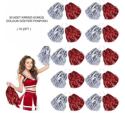 Kırmızı Gümüş Metalik Dolgun Gösteri Ponponu 20 Adet (10 Çift)