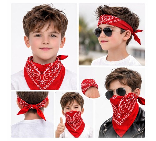 Kırmızı Kovboy Fuları Çocuk Bandana Western Desenli Boyun Fuları