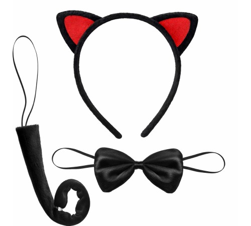 Kırmızı Kulaklı Kedi Kostüm Seti – Taç Papyon Kuyruk 3 Parça