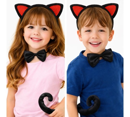 Kırmızı Kulaklı Kedi Kostüm Seti – Taç Papyon Kuyruk 3 Parça