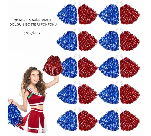 Kırmızı Mavi Metalik Dolgun Gösteri Ponponu 20 Adet (10 Çift)