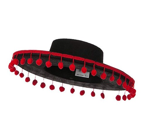 Kırmızı Ponponlu Siyah Renk Çocuk İspanyol Şapkası