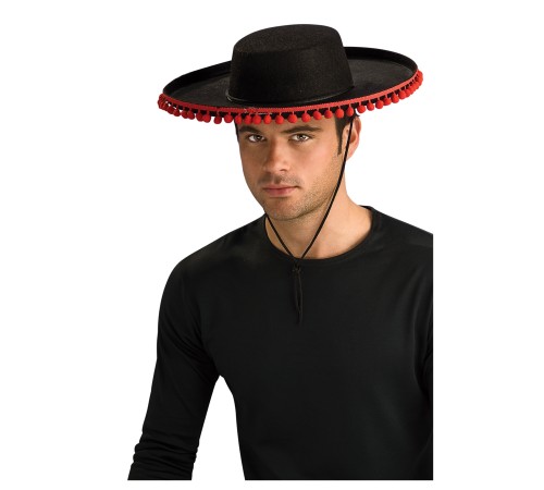 Kırmızı Ponponlu Siyah Renk Yetişkin İspanyol Şapkası