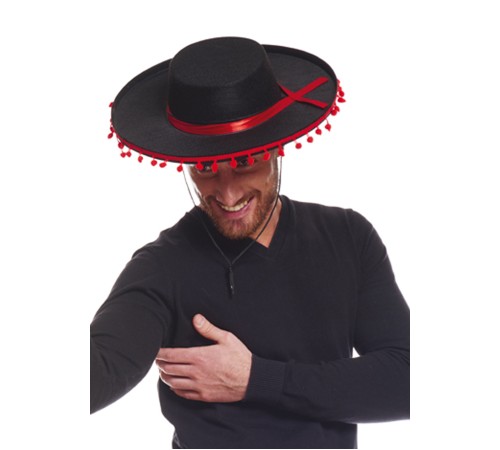 Kırmızı Ponponlu Siyah Renk Yetişkin İspanyol Şapkası