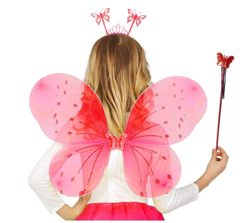 Kırmızı Renk Çocuk Kelebek Kanadı Tacı ve Asa Seti 50 cm