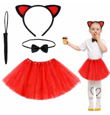 Kırmızı Renk Etekli Kedi Kostüm Seti (Tütü, Taç, Papyon, Kuyruk)