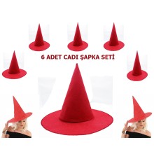 Kırmızı Renk Keçe Cadı Şapkası Yetişkin Çocuk Uyumlu 6 Adet