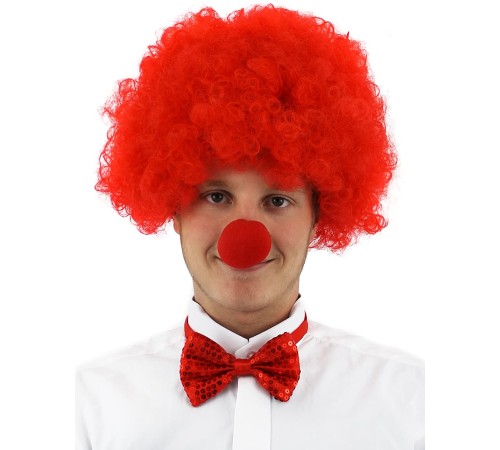 Kırmızı Renk Kıvırcık Afro Bonus Peruk Takma Saç ve Kırmızı Burun Seti