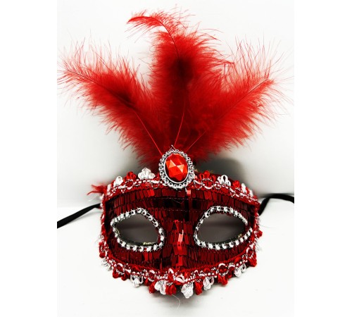 Kırmızı Renk Payetli Pullu Tüylü Parti Maskesi 17x20 cm