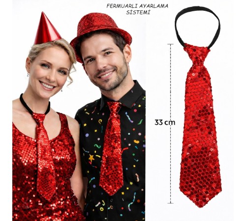 Kırmızı Renk Pul Payetli Işıltılı Parti Kravatı 33 cm