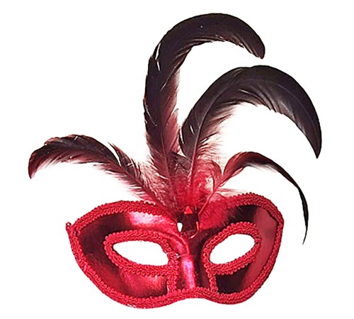 Kırmızı Renk Rugan Kaplama Kırmızı Tüylü Parti Maskesi 18x20 cm