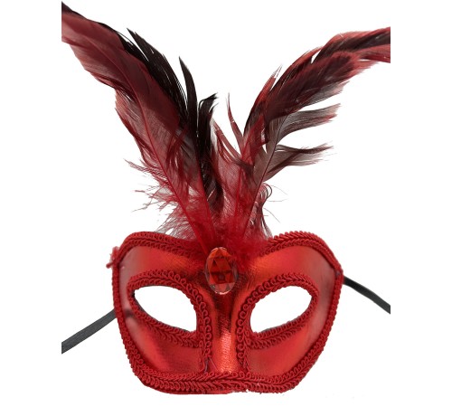 Kırmızı Renk Rugan Kaplama Kırmızı Tüylü Parti Maskesi 18x20 cm