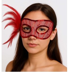 Kırmızı Renk Yandan Tüylü Pul Payet İşlemeli Parti Maskesi 23x12 cm