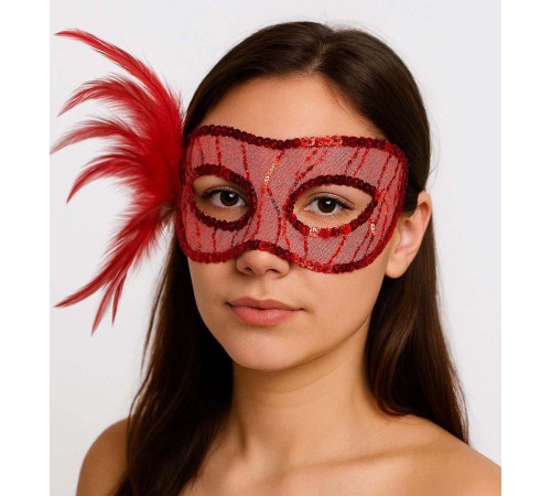 Kırmızı Renk Yandan Tüylü Pul Payet İşlemeli Parti Maskesi 23x12 cm