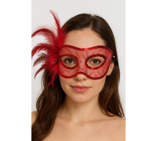 Kırmızı Renk Yandan Tüylü Pul Payet İşlemeli Parti Maskesi 23x12 cm