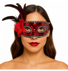 Kırmızı Renk Yandan Tüylü Güllü Gümüş Taşlı Pullu Maske 20x22 cm