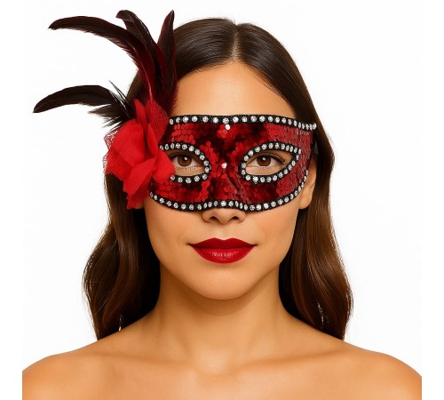 Kırmızı Renk Yandan Tüylü Güllü Gümüş Taşlı Pullu Maske 20x22 cm