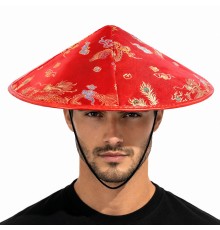 Kırmızı Saten Çin Desenli Dragon İşlemeli Şapka – Lastikli