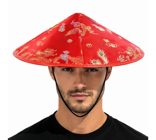 Kırmızı Saten Çin Desenli Dragon İşlemeli Şapka – Lastikli