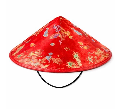 Kırmızı Saten Çin Desenli Dragon İşlemeli Şapka – Lastikli