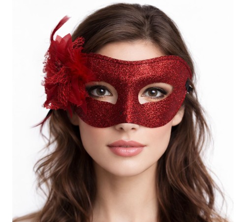 Kırmızı Simli Tüylü Balo Maskesi – Kadın Parti & Maskeli Balo Maskesi
