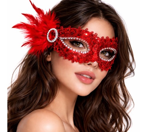 Kırmızı Taşlı Venedik Parti Maskesi – Tüylü Payetli
