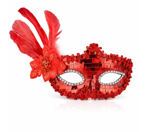 Kırmızı Tüylü Payetli Lüks Taşlı Parti Maskesi