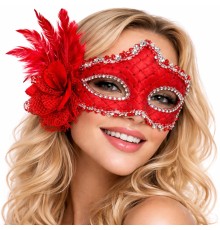 Kırmızı Tüylü Venedik Lüks Balo Maskesi