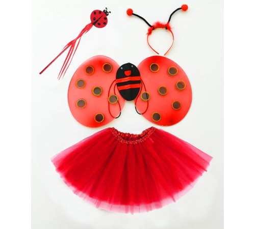 Kırmızı Uğur Böceği Ateş Böceği Kostüm Seti - (Tütü, Kanat, Taç, Asa)