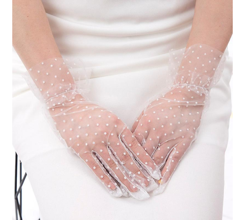 Kısa Boy Güpürlü Beyaz Puantiyeli Tül Eldiven Beyaz Renk