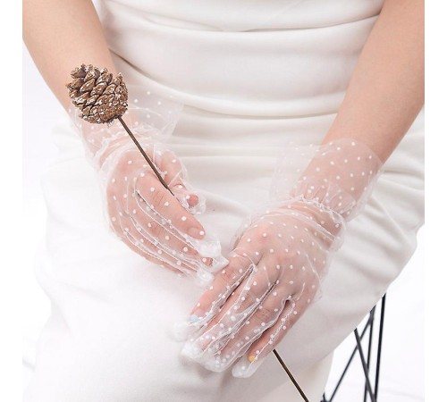 Kısa Boy Güpürlü Beyaz Puantiyeli Tül Eldiven Beyaz Renk