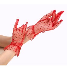 Kısa Boy Güpürlü Kırmızı Puantiyeli Tül Eldiven Kırmızı Renk