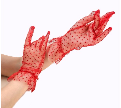 Kısa Boy Güpürlü Kırmızı Puantiyeli Tül Eldiven Kırmızı Renk