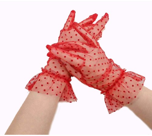 Kısa Boy Güpürlü Kırmızı Puantiyeli Tül Eldiven Kırmızı Renk
