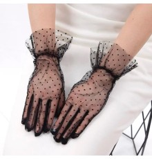 Kısa Boy Güpürlü Siyah Puantiyeli Tül Eldiven Siyah Renk