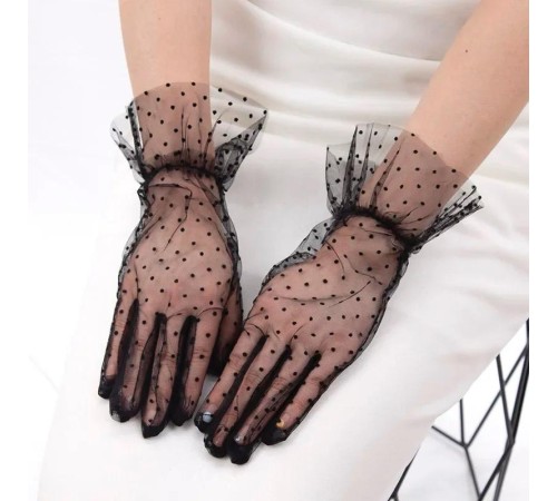 Kısa Boy Güpürlü Siyah Puantiyeli Tül Eldiven Siyah Renk