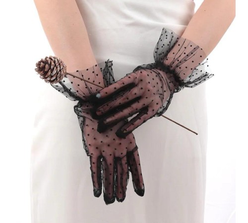 Kısa Boy Güpürlü Siyah Puantiyeli Tül Eldiven Siyah Renk